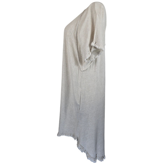 Umgee Beige High Low Fringed Hem Linen Blend Lagenlook Pockets Women's Dress L - Picture 3 of 6